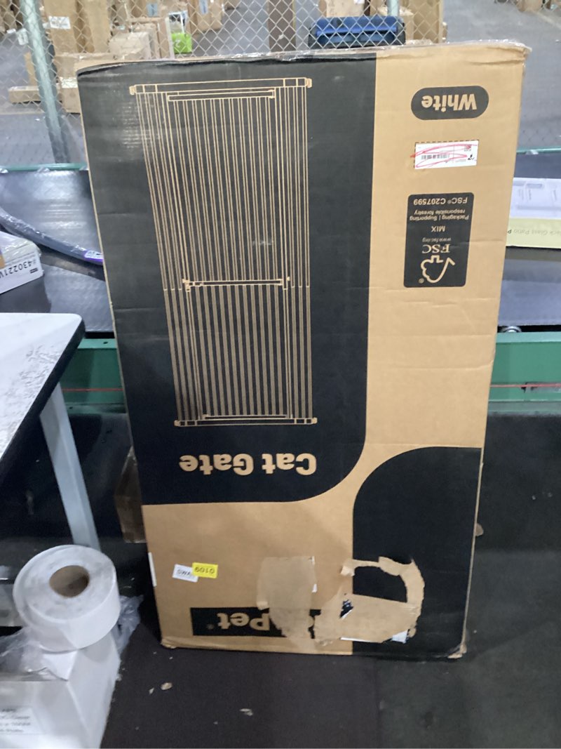 Condition photo showing New/Like New for gardner pet 51"-87" extra tall cat gate for doorway, wide adjustable 27.56"-37" baby gate included 4 extension kits, pressure mounted safety full door gate for stairs, studio, kitchen (white)