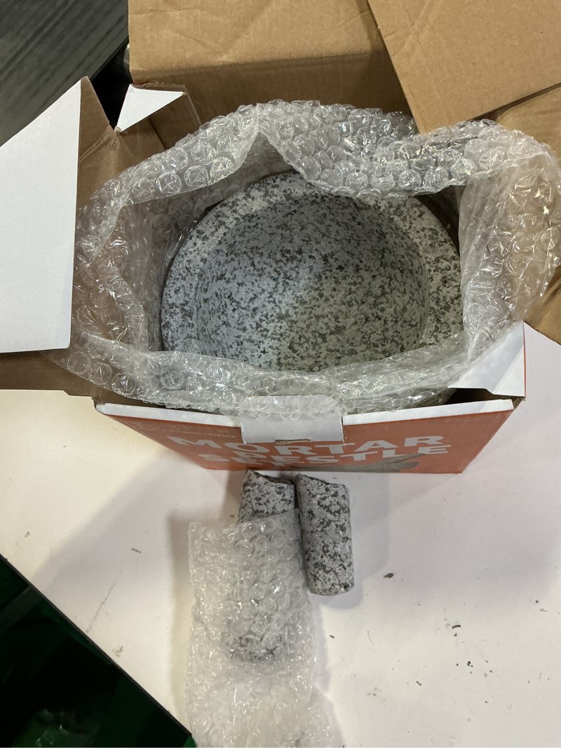 Condition photo showing As Is for ( incomplete)PriorityChef Extra Large Mortar and Pestle Set, Heavy Duty Natural Granite, Make Fresh Guacamole at Home, Solid Stone Grinder Bowl, Herb Crusher, Spice Grinder, 4 Cup Size, Unpolished Grey Grey 4 Cups
