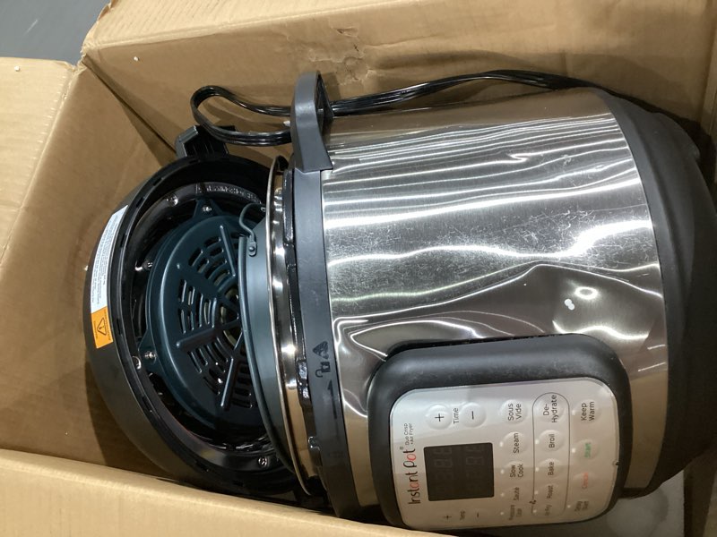 Condition photo showing As Is for instant pot duo crisp 11-in-1 air fryer and electric pressure cooker combo with multicooker lids that air fries, steams, slow cooks, sautés, dehydrates, & more, free app with over 800 recipes, 6 quart 6 qt