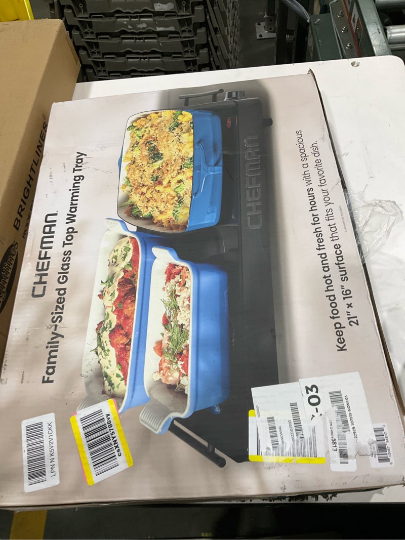 Condition photo showing As Is for Chefman Electric Warming Tray with Adjustable Temperature Control, Perfect For Buffets, Restaurants, Parties, Events, and Home Dinners, Large 21” x 16” Glass-Top Surface Keeps Food Hot – Black Stainless Black Large - 21" x 16"