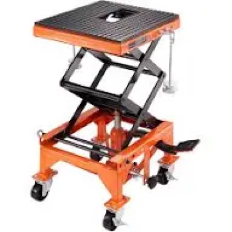 vevor hydraulic motorcycle lift table, 350 lbs capacity motorcycle scissor jack lift with wide deck, j-hooks, 4 wheels, hydraulic foot-operated jack stand for atv dirt bikes