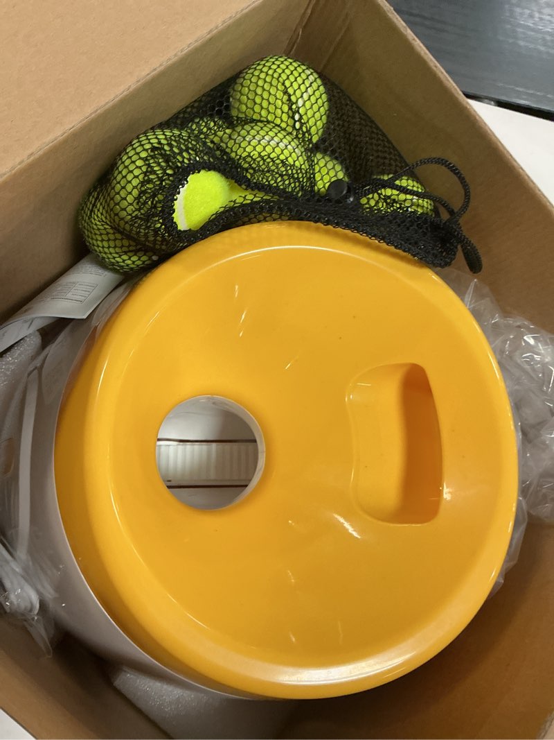 Condition photo showing As Is for Automatic Dog Ball Launcher, Dog Ball Thrower with 15 Mini Tennis Balls Sizing 2 Inch and Mesh Bag, Interactive Dogs Toys Tennis Balls Launcher for Small Dogs with 3 Distance Settings Orange
