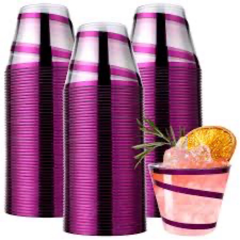 100Pcs 9 oz Rimmed Swirl Purple Plastic Cups - Disposable Clear Drinking Cups for Halloween, Christm