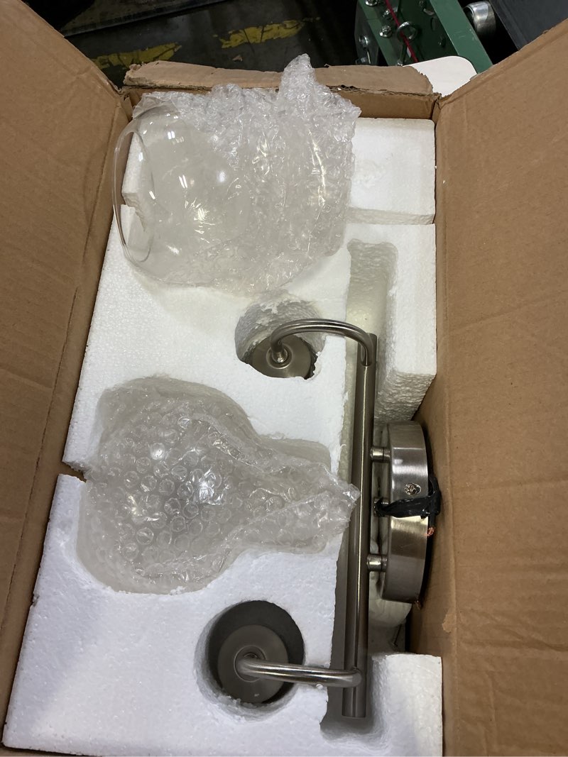 Condition photo showing As Is for 2-Light Bathroom Light Fixtures, Brushed Nickel Vanity Light with Clear Glass Shade,Modern Wall Sconce for Mirror Bath Bedroom Hallway Farmhouse Kitchen Nickel 2 Light
