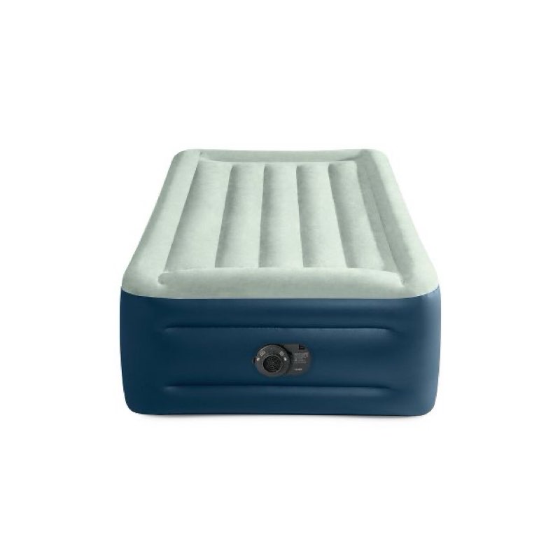 intex elevated 18" pillow rest twin air mattress with internal pump - off-white/blue: includes storage bag, repair patch, electric pump