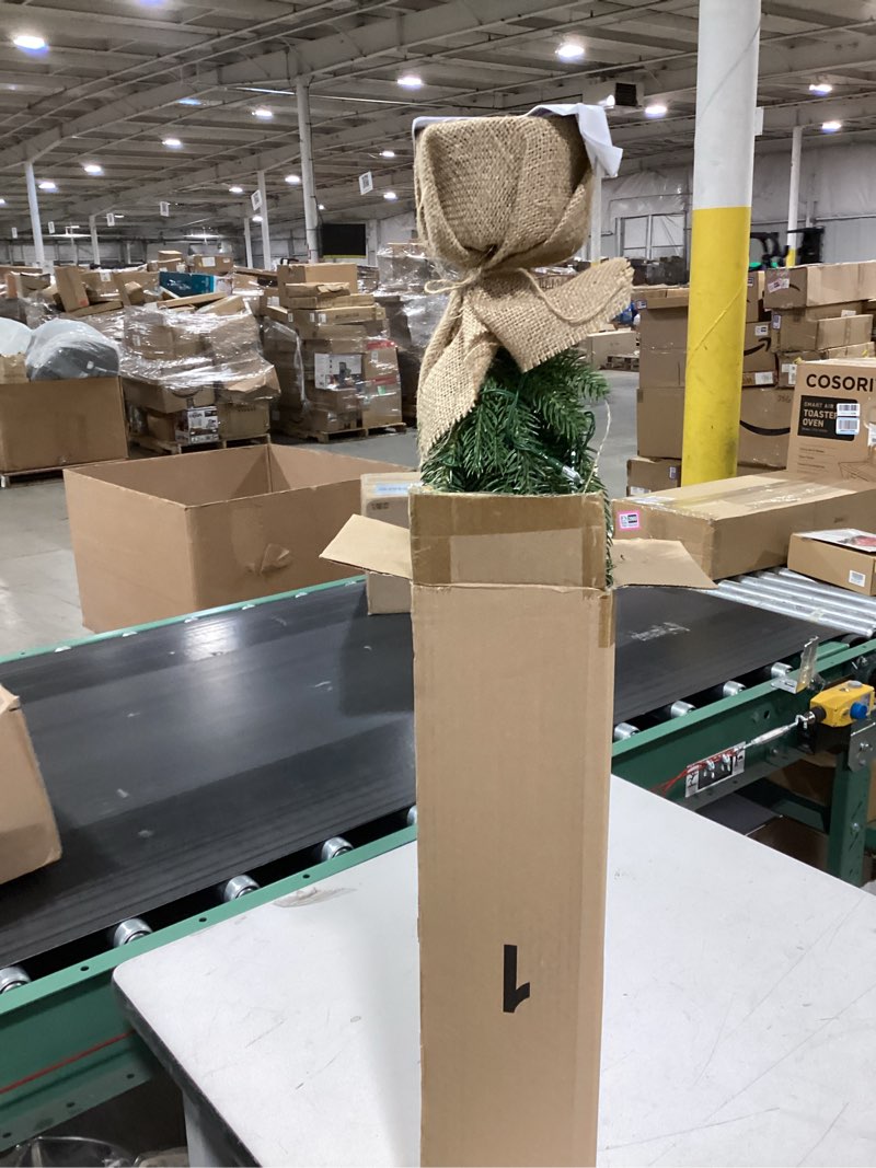 Condition photo showing As Is for 2 ft Mini Christmas Trees with 25 F5 LED Lights, 24" Decorated Burlap Artificial Tabletop Christmas Trees Home Party Decoration for Kitchen Dining Room Window Green White