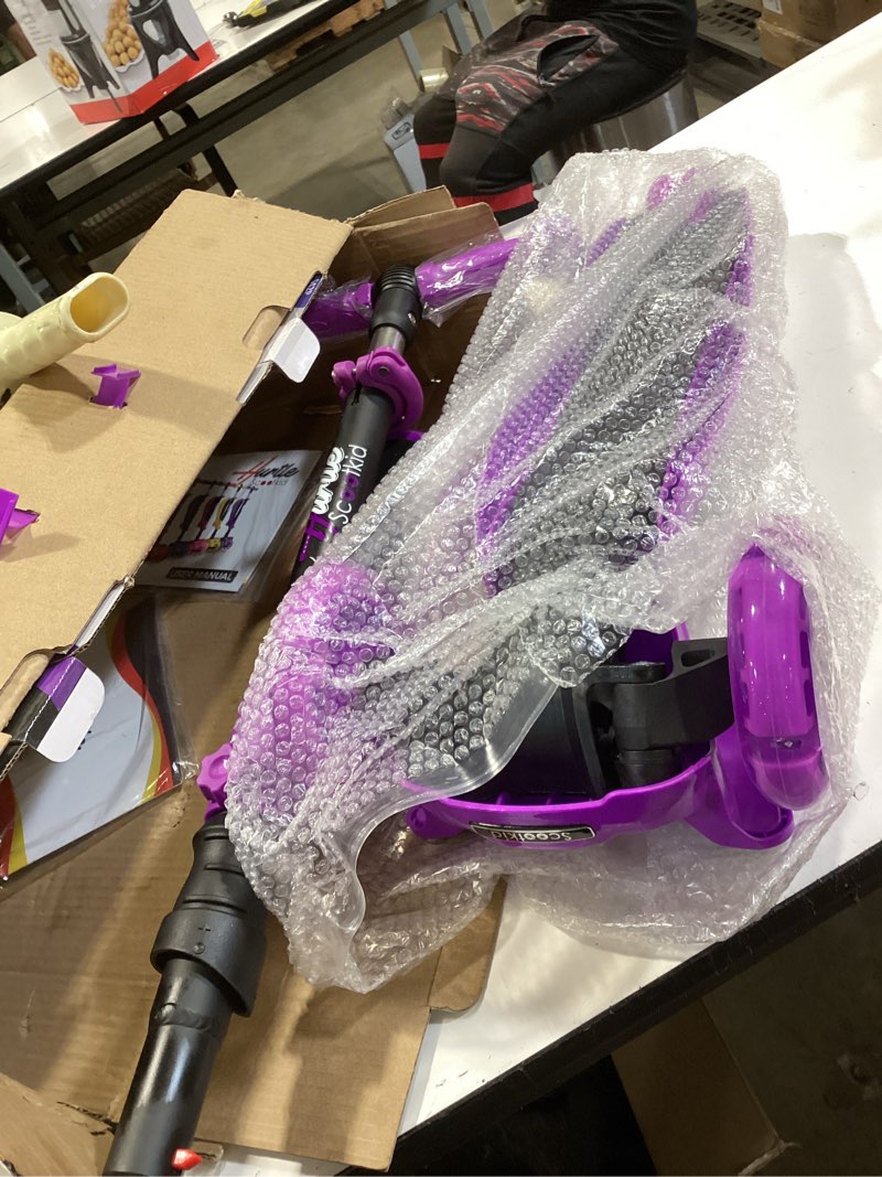 Condition photo showing As Is for hurtle 3-wheeled scooter for kids - wheel led lights, adjustable lean-to-steer handlebar, and foldable seat - sit or stand ride with brake for boys and girls ages 1-14 years old purple