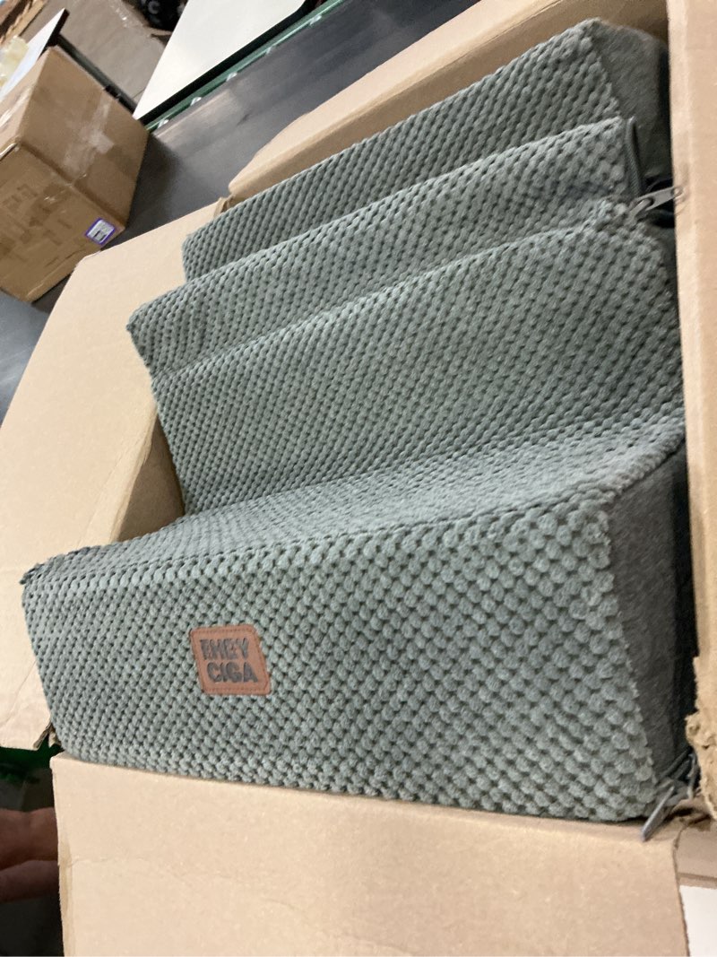 Condition photo showing As Is for eheyciga dog stairs for bed 18" h, 4-step dog steps for high bed, pet steps for small dogs and cats, non-slip balanced pet ramp indoor, grey grey 4 standard 15" x 24" x 18"