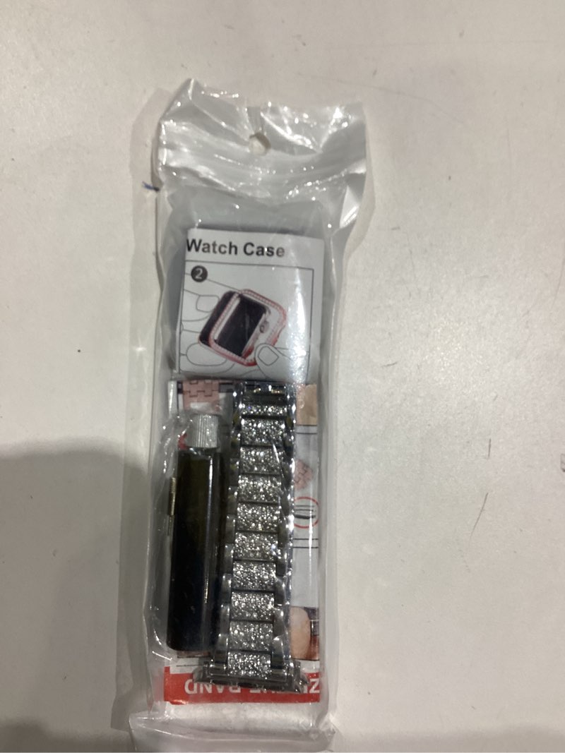 Condition photo showing Good Condition for mosonio compatible with apple watch band 38mm 40mm 41mm 42mm 44mm 45mm 46mm 49mm with 2 pack case women, jewelry replacement metal bands strap with bling pc protective case for iwatch ultra se series 11/10/9/8/7/6/5/4/3/2/1 silver 41mm (series 9/8/7)