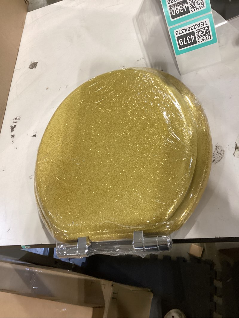 Condition photo showing Good Condition for angol shiold glitter toilet seat molded wood round toilet seat with quietly close and quick release hinges, easy to install also easy to clean (round 16.5'', gold) round 16.5‘’ gold
