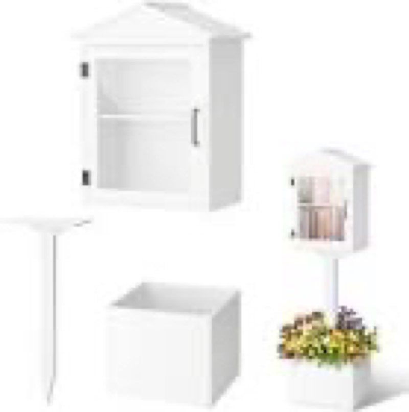 Wooden Library Box Outdoor Library, Double Outdoor Box Storage with Floor Plugs and Small Flower Fence for DIY, Community, Literature, School(White Wood,Steepletop) White Wood Steepletop