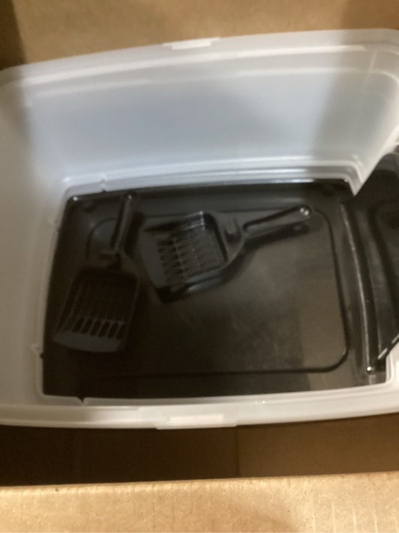 Condition photo showing Good Condition for IRIS USA 2 Pack Large Open Top Cat Litter Box with High Sides, Scatter Shield & Scoop, Black, for Indoor Cats, Kittens or Multicat Homes
