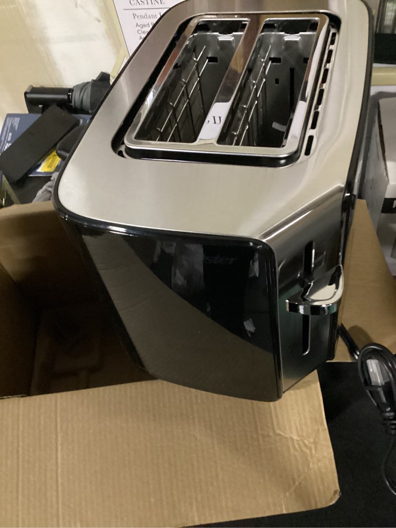 Condition photo showing As Is for oster 2-slice touchscreen toaster, digital countdown timer, 6 shade settings, easy touch technology, bagel/reheat/frozen modes, stainless steel