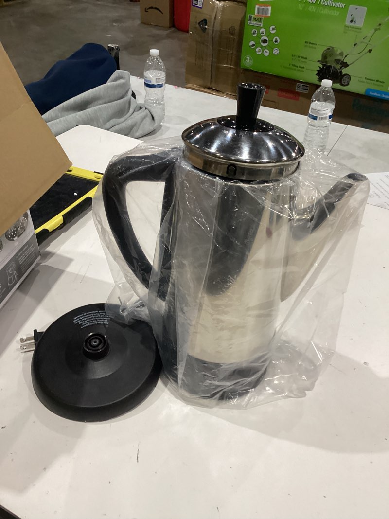 Condition photo showing As Is for coffee percolator, stainless steel basket, automatic keep warm, no-drip spout, 8 cup