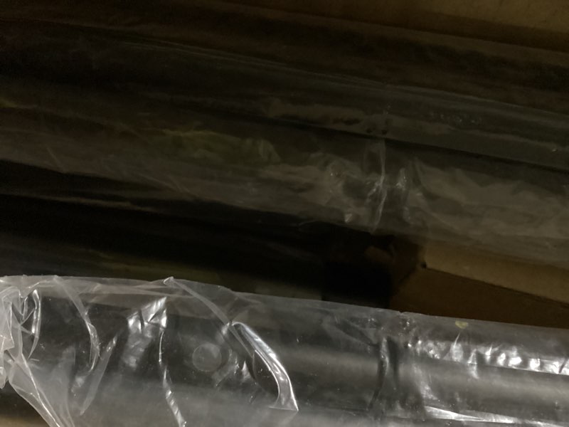 Condition photo showing Good Condition for black double corner window curtain rods with aluminum end cap finials and brackets,1 inch diameter dual bay window curtain rods, adjustable 2 sided 20-36" and 36-72" center double rod 20-36" side rods & 36-72" center rod black