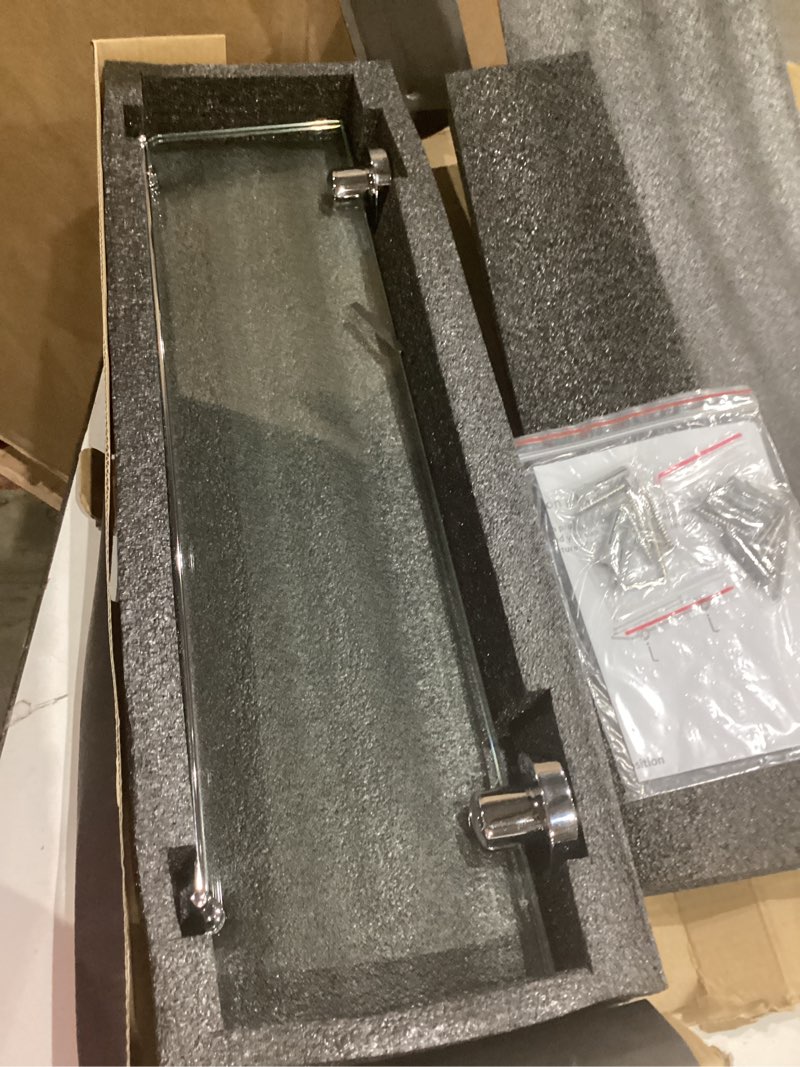 Condition photo showing Good Condition for 20 inches glass shelves for bathroom, chrome polished floating glass shelf stainless steel tempered glass bathroom shelves for wall mount modern chrome polished 20"with railing