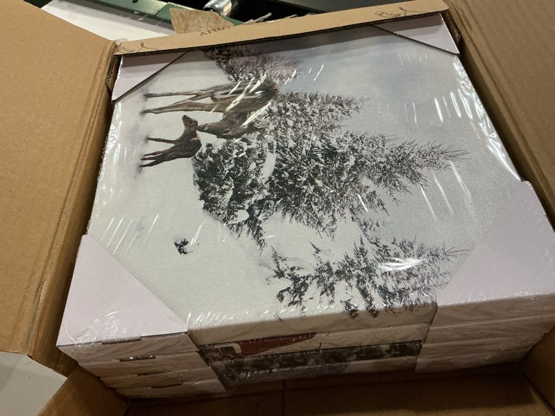 Condition photo showing New/Like New for ArtbyHannah Canvas Christmas Wall Art Decor, Winter Snowy Scene Picture Prints for Bathroom Living Room Bedroom, Rustic Xmas Holiday Decorations with Red House, ReinDeer, Truck (4 Pack, 12x12 inch)