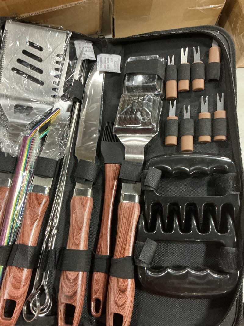 Condition photo showing Good Condition for romanticist 27pcs heavy duty grilling gifts for men dad fathers day, extra thick bbq accessories tools set, stainless steel grill utensils kit with meat claws,canvas bag for outdoor camping brown brown1