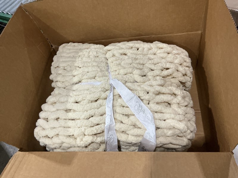 Condition photo showing Good Condition for bigacogo chunky knit throw blanket for couch, 51x63 inches, 100% hand knitted with thick jumbo chenille yarn, cozy soft large rope knot cable crochet blankets for sofa bed living room, beige beige 51"x63" (large size throw?