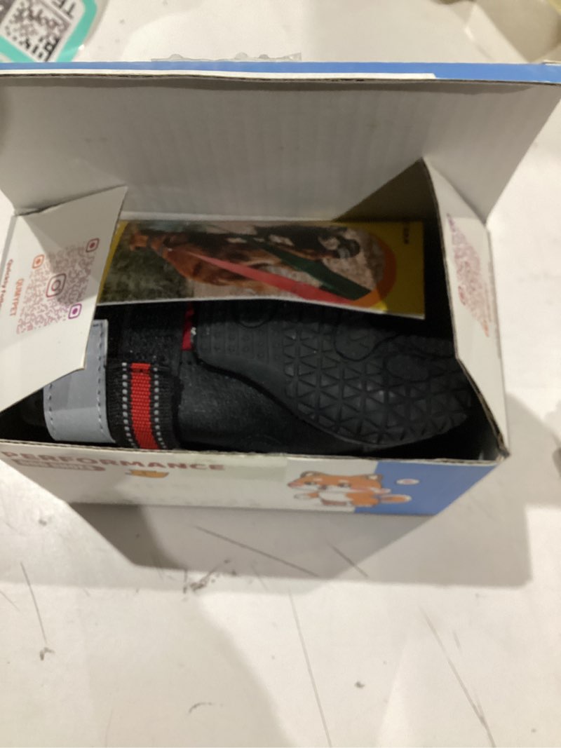 Condition photo showing Good Condition for QUMY Dog Shoes for Large Dogs, Medium Dog Boots & Paw Protectors for Winter Snowy Day, Summer Hot Pavement, Water-Resistant in Rainy Weather, Outdoor Walking, Indoor Hardfloors Skid-Resistant Sole Red Size 4: 2.2''x2.6''(W*L) (Pack of 4)