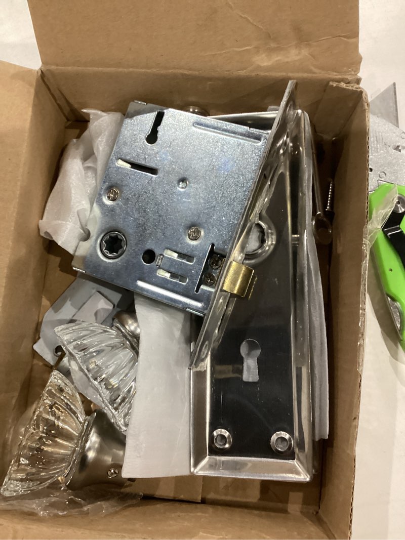 Condition photo showing As Is for upgraded mortise lock set for interior door, antique vintage style crystal glass door knobs with skeleton key, reversible for left & right handed door, brushed nickel finish interior mortise brushed nickel