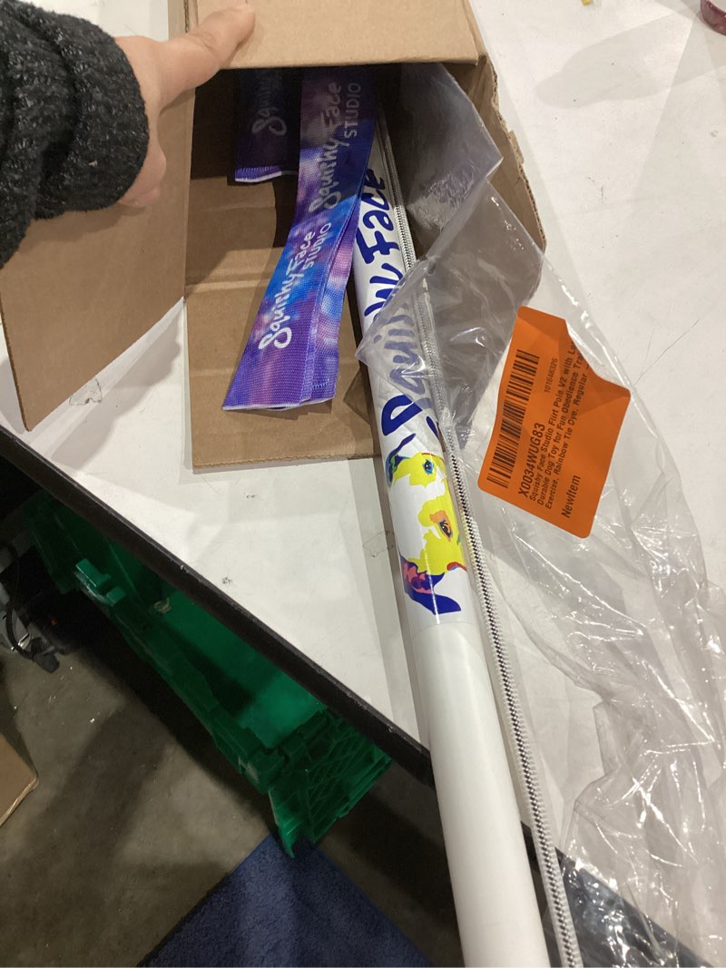 Condition photo showing As Is for Squishy Face Studio Flirt Pole V2 with Lure - Durable Dog Toy for Fun Obedience Training & Exercise, Rainbow Tie Dye, Regular - 36 inch No Squeaker Regular (36 in) Rainbow Tie Dye