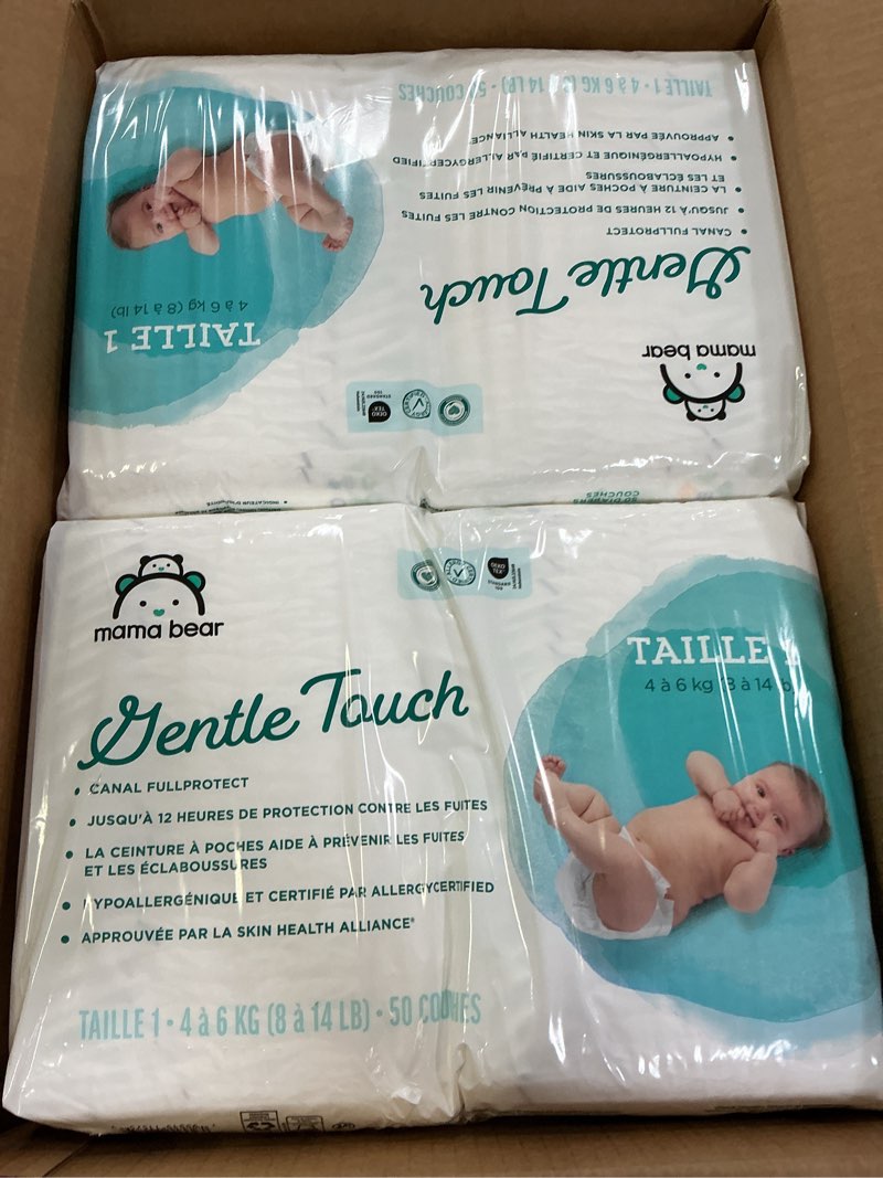 Condition photo showing New/Like New for amazon brand - mama bear gentle touch baby diapers, size 1, leak protection, wetness indicator, umbilical cord cutout, 200 count (4 packs of 50) size 1 (200 count)