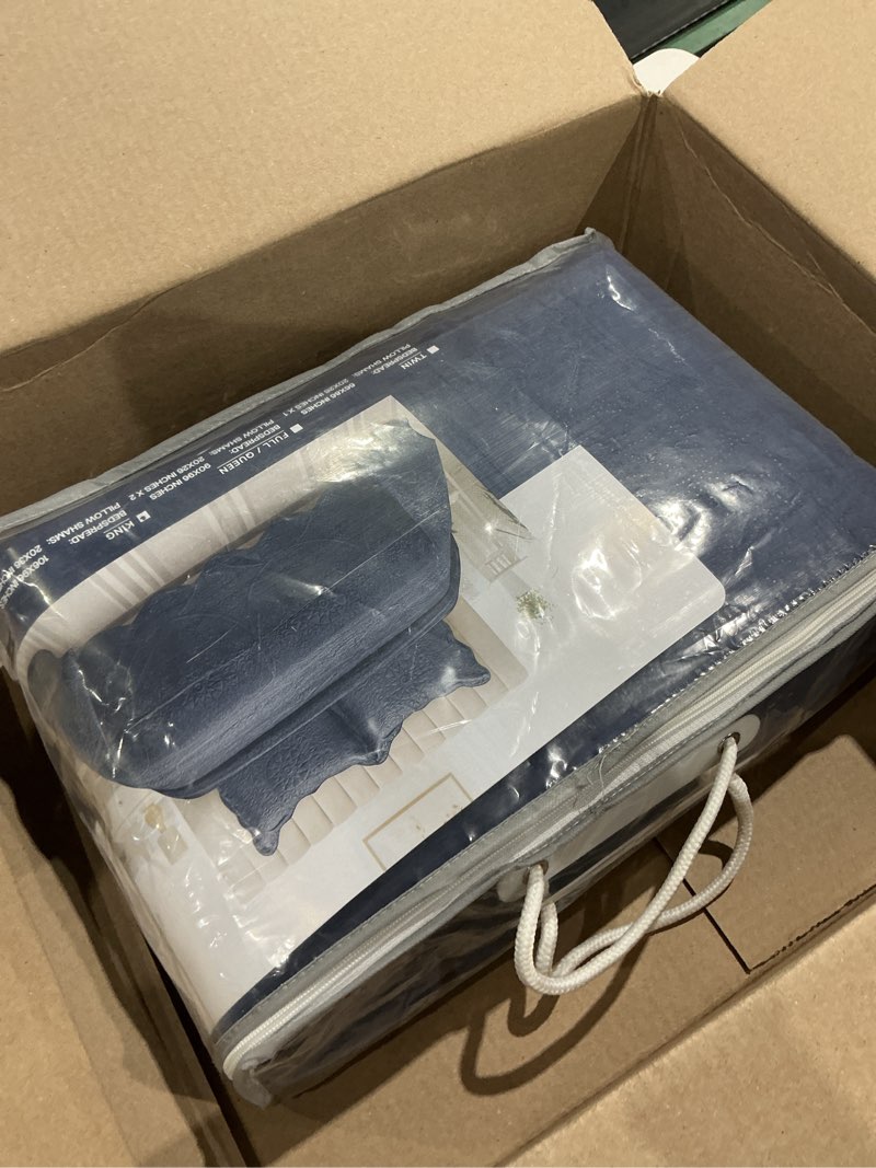 Condition photo showing Good Condition for home collection 3pc king/cal king over size luxury embossed bedspread set light weight solid navy blue new