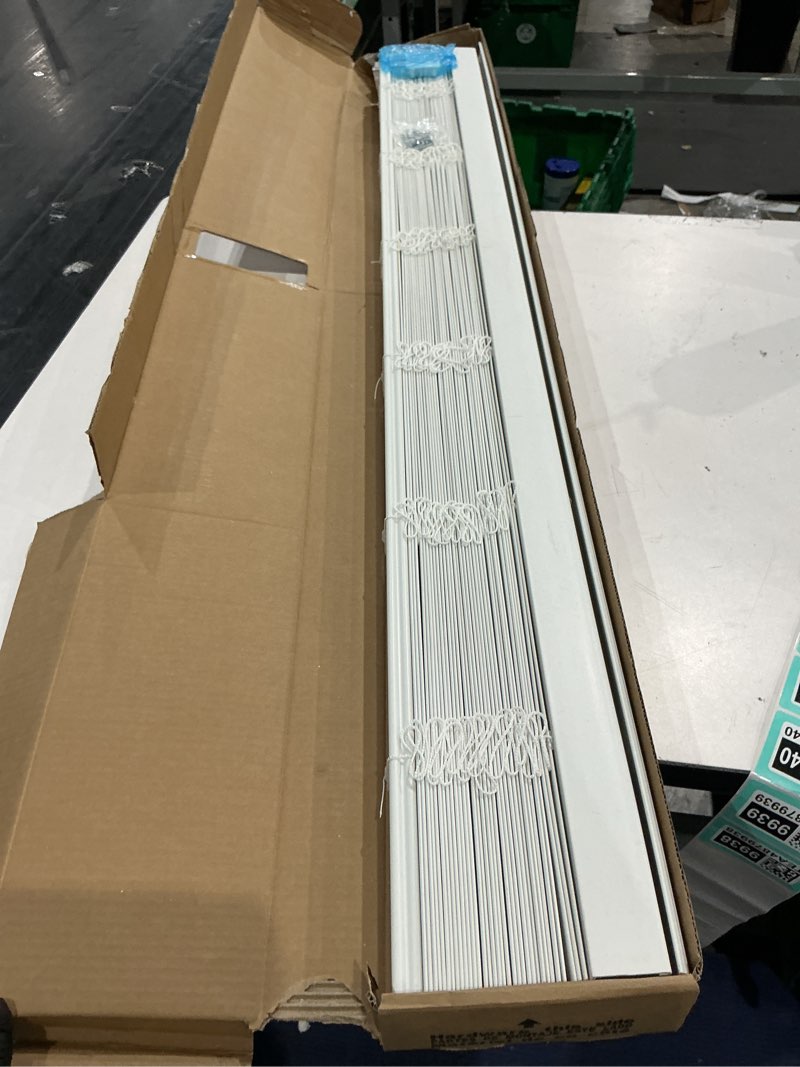 Condition photo showing As Is for allen + roth trim at home 2-in slat width 52-in x 64-in cordless white faux wood room darkening horizontal blinds