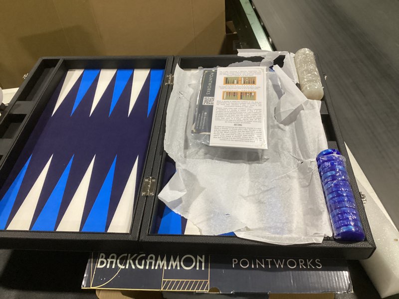 Condition photo showing As Is for 19 Inch Premium Backgammon Sets for Adults Leather Black - Blue. Premium 1.6 Inch Checkers & Dice Set, Travel Backgammon Set, Large, Backgammon Board Game, Backgammon Game Set Black Case - Blue Field 19 Inch - Large