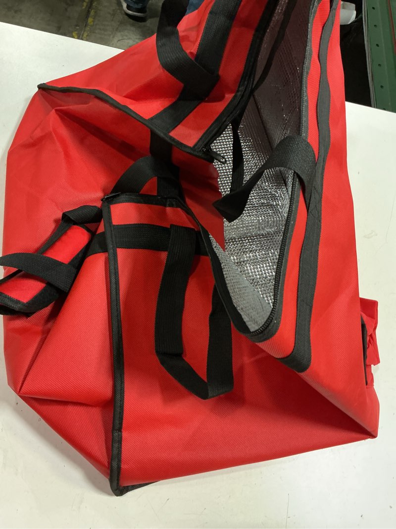 Condition photo showing As Is for insulated food delivery bag with 4 cup holder, with bottom, xxx-large insulated grocery bags with zippered top, cooler bags with drink carrier, food carrier catering bag,red