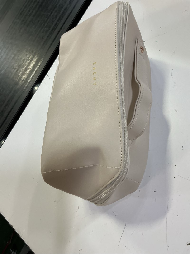 Condition photo showing Good Condition for eachy travel makeup bag, large capacity cosmetic bag for women, waterproof pu leather, flat open portable toiletry bag for skincare, brushes & travel essentials medium ab-beige