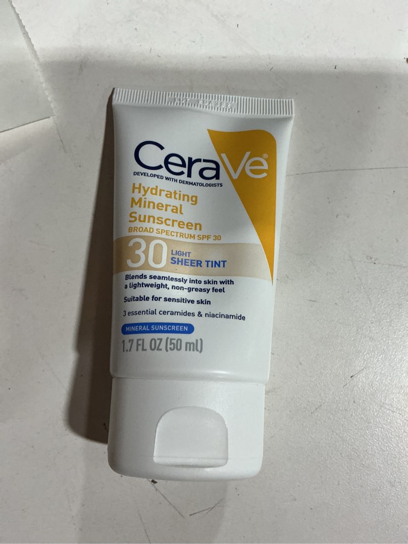 Condition photo showing Good Condition for cerave hydrating mineral sunscreen spf 30 with sheer tint, tinted mineral sunscreen with zinc oxide & titanium dioxide, blends seamlessly for healthy glow, light, 1.7 oz light 1.7 fl oz (pack of 1)