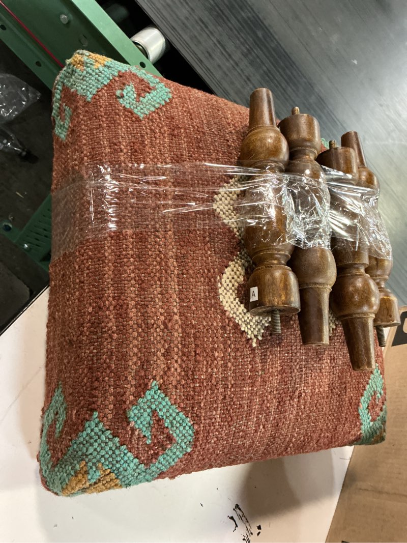 Condition photo showing As Is for natural furnish handmade jute soft ottomans square shape stool for sitting and foot rest with wooden legs, entryway modern stool for living room, bedroom, hall (red, l40 cm x w40 cmx h35 cm)