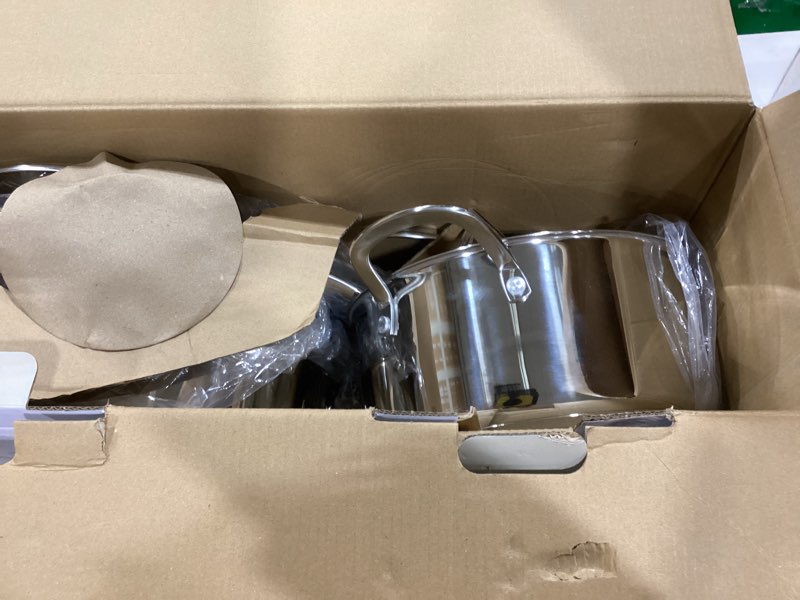 Condition photo showing As Is for Martha Stewart Castelle 10 Piece 18/8 Durable Stainless Steel Induction Safe Non-Toxic Triply Bottom Kitchen Pots and Pans Cookware Set - Dishwasher Safe 10-Piece Cookware Set Stainless Steel