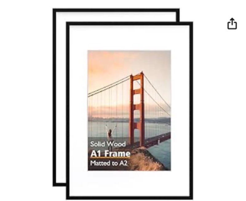kinlink a1 picture frame, black solid wood frame with acrylic plexiglass for pictures a2 with mat or