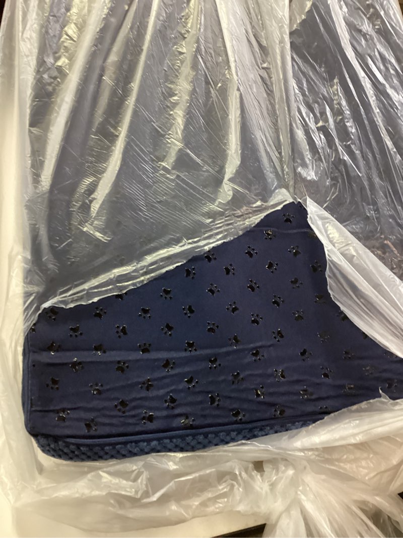 Condition photo showing As Is for dog stairs for small dogs, high density foam dog ramp, extra wide non-slip pet steps for high beds or couch, soft foam doggie ladder for dogs injured, older pets, small cats fleece-navy blue 2 steps