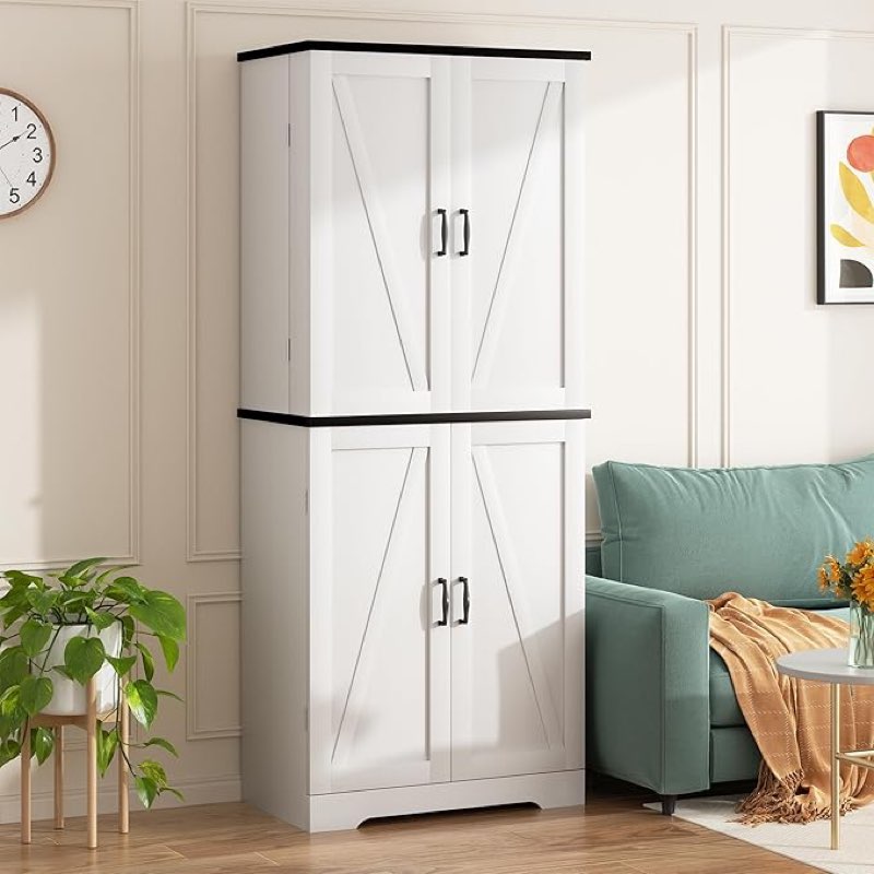 shintenchi kitchen pantry cabinet, freestanding farmhouse storage cabinet with 8 door shelves, 2 cabinets and 1 drawer, tall cupboard for kitchen, living... 