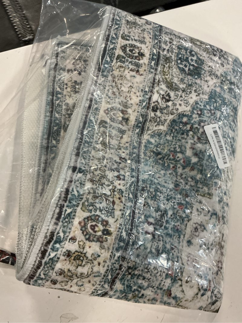 Condition photo showing Good Condition for uphome bathroom rugs runner, distressed farmhouse boho blue bath mat, non slip washable long bath rugs, vintage traditonal soft velvet bathroom runner for bathtub sink shower, 18x47 inch blue 18 x 47 inch (rectangular)