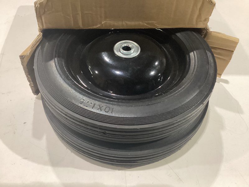 Condition photo showing New/Like New for gicool 10" x1.75" flat-free solid rubber tire and wheel 1/2" axle bore hole, 1.6" offset hub, 2 pack, black 10" x 1.75", bore dia. 1/2"