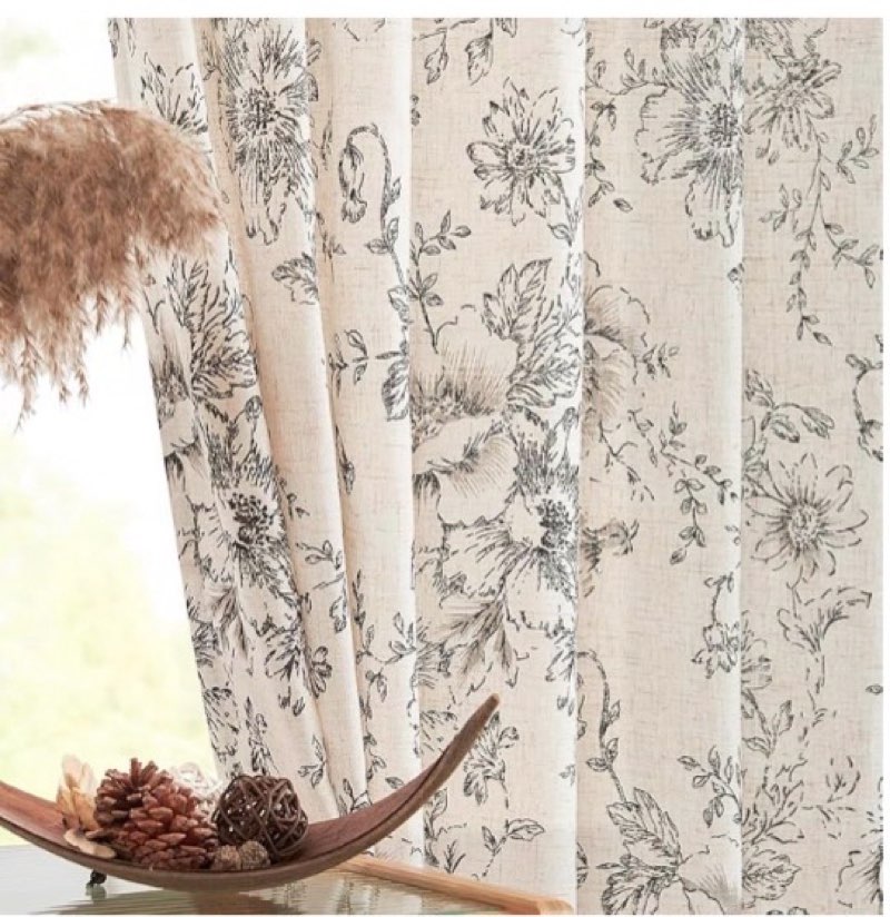jinchan Linen Blend Curtain Floral Curtains for Living Room 84 Inch Length Black Printed Curtain Rod Pocket Back Tab Farmhouse Peony Flower Patterned Drapes Bedroom Window Curtains Set 2 Panels