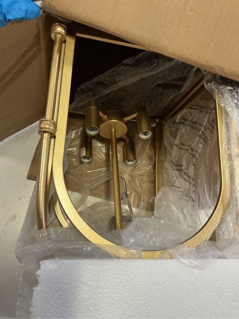 Condition photo showing Good Condition for 4-Light Gold Chandelier, Modern Farmhouse Lantern Chandelier with Rustic Cage Hanging Pendant Light Fixture for Kitchen Island Bedroom Living Room Entryway Foyer, Dining Room Light Fixtures Over Table AJ-029-gold