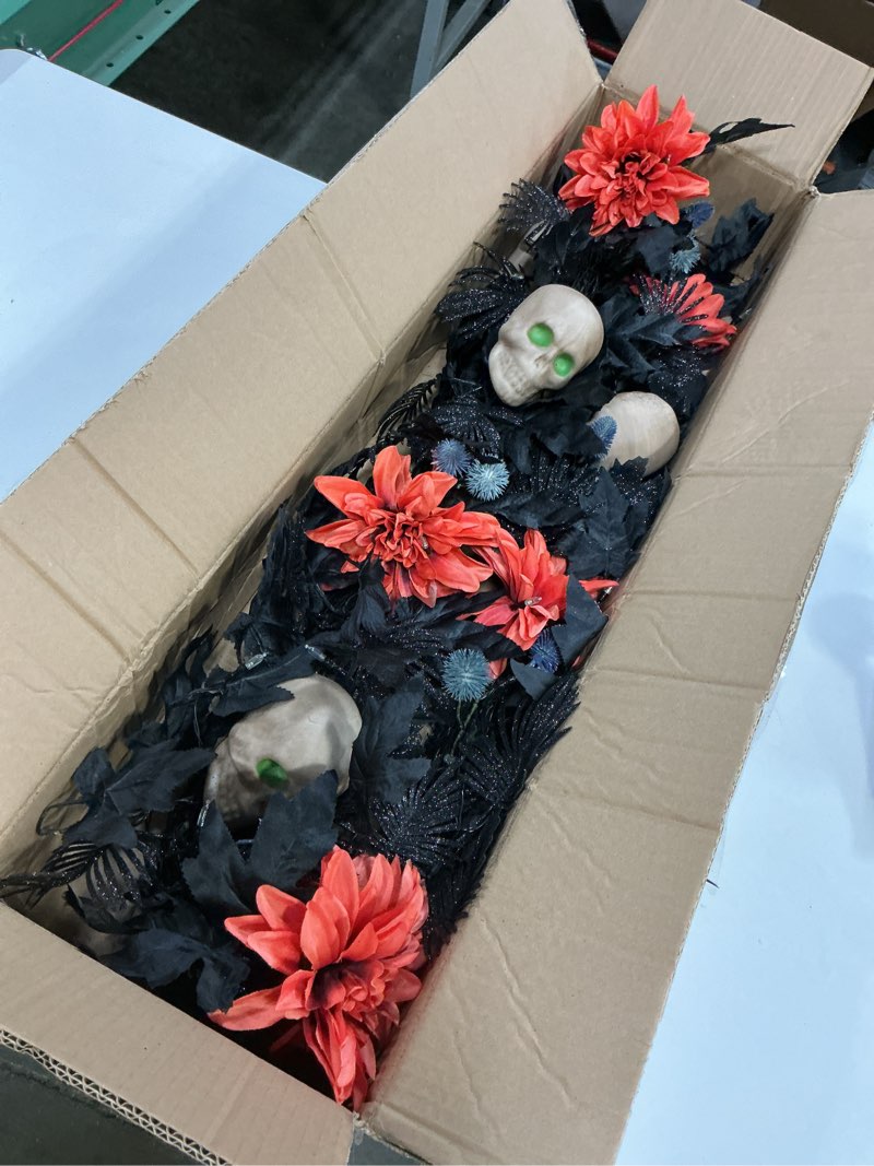National Tree Company Artificial Halloween Boo-Tiful Garland, Black, Orange Dahlia Flowers, White Skulls, 30 Green LED Lights, Timer, 6 feet