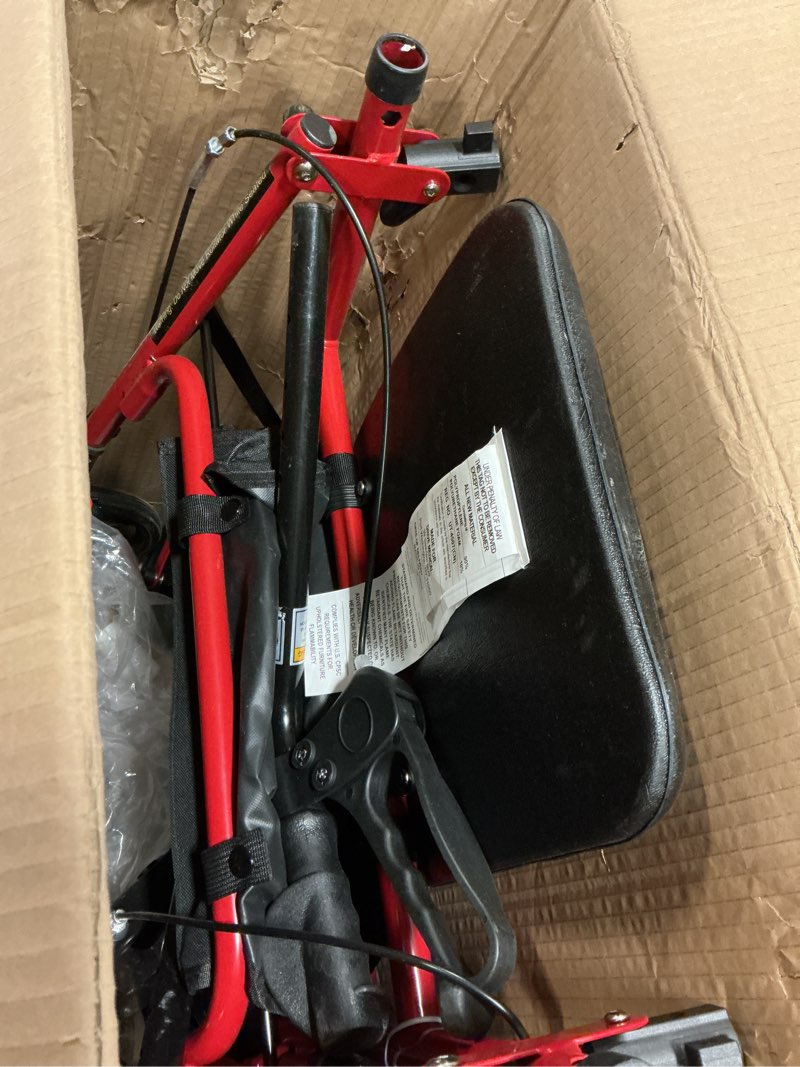 Condition photo showing As Is for Drive Medical 10257RD-1 4 Wheel Rollator Walker With Seat, Steel Rolling Walker, Height Adjustable, 7.5" Wheels, Removable Back Support, 300 Pound Weight Capacity, Red