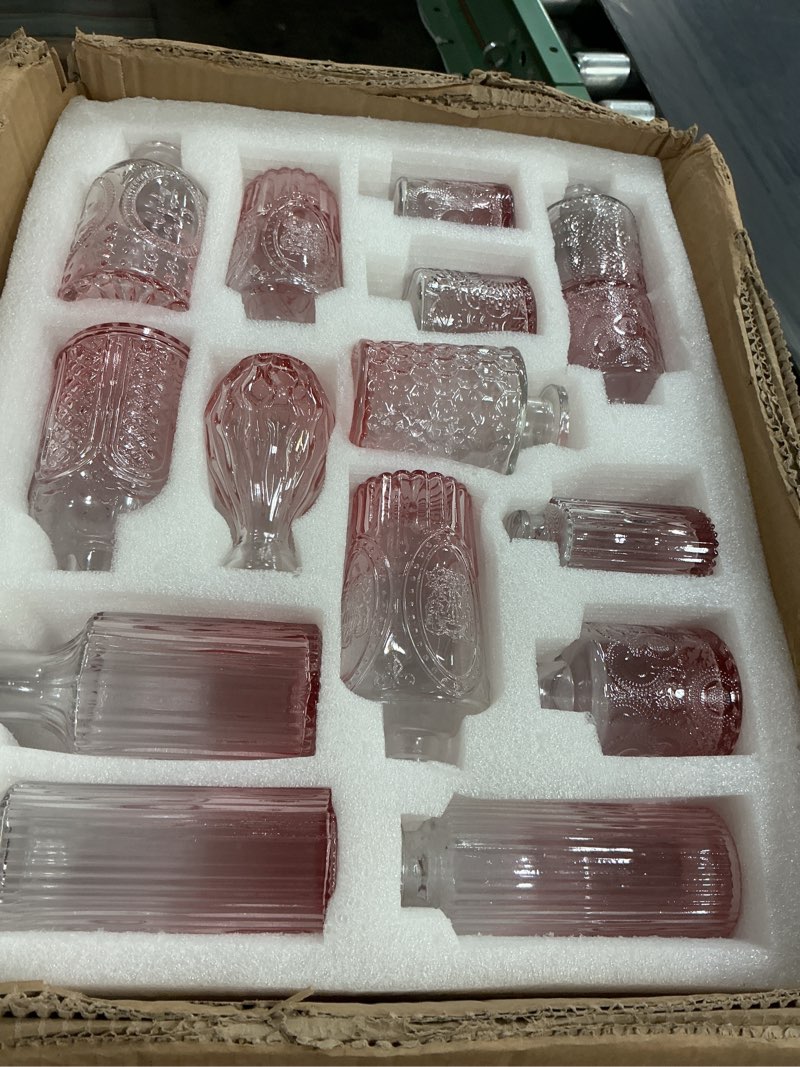 Condition photo showing Good Condition for glass bud vase set of 60 - small vases for flowers in bulk - assorted vintage crystal vases for flowers, table centerpieces (pink, 60 pcs) 60 pcs pink