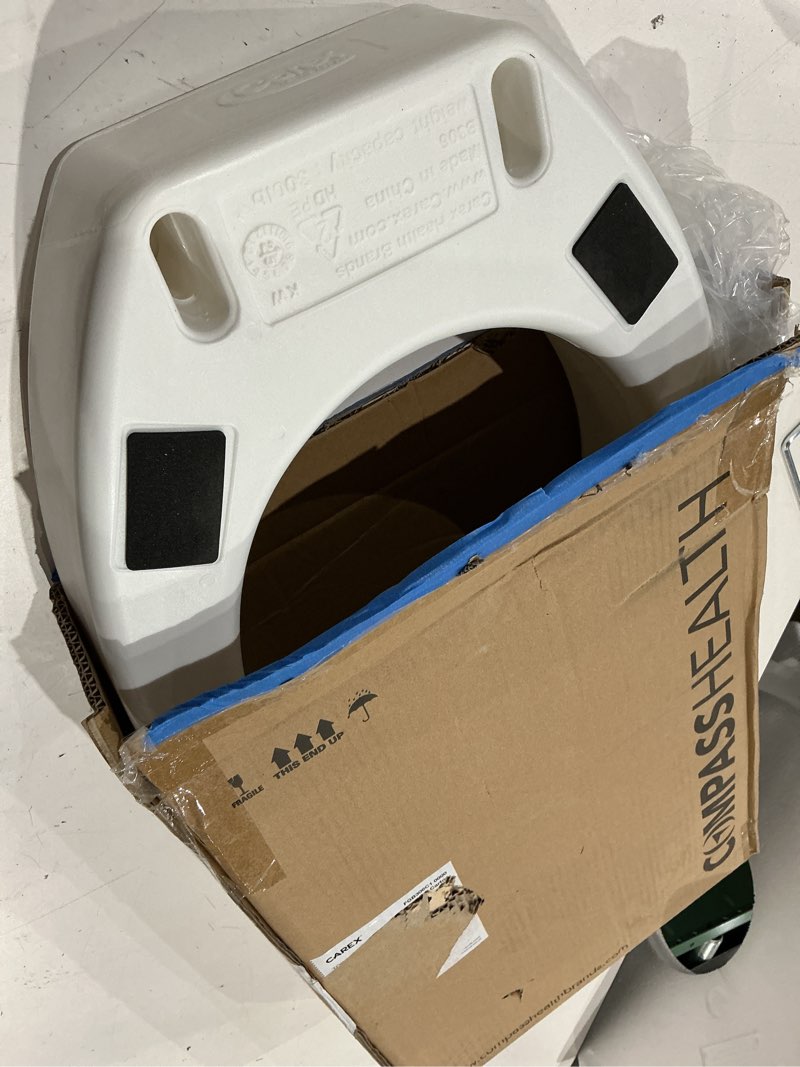 Condition photo showing As Is for carex toilet seat riser, elongated raised toilet seat adds 3.5 inches to toilet height, for assistance bending or sitting, 300 pound weight capacity toilet riser