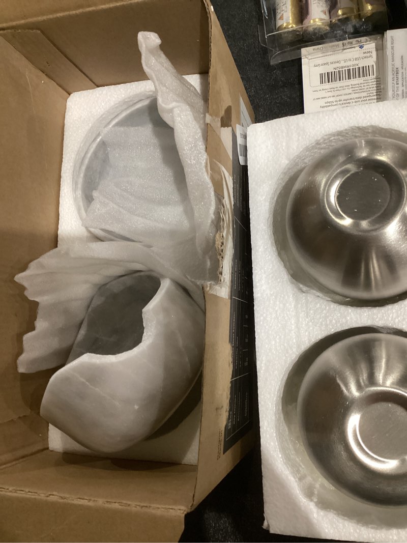 Condition photo showing As Is for gusto nostro white marble wine chiller for glass and stainless steel tumbler set of 2 - freezable wine glass chiller holder - cool set of chillers and stemless metal wine tumblers for homebar (silver) silver and white wine glass chiller set