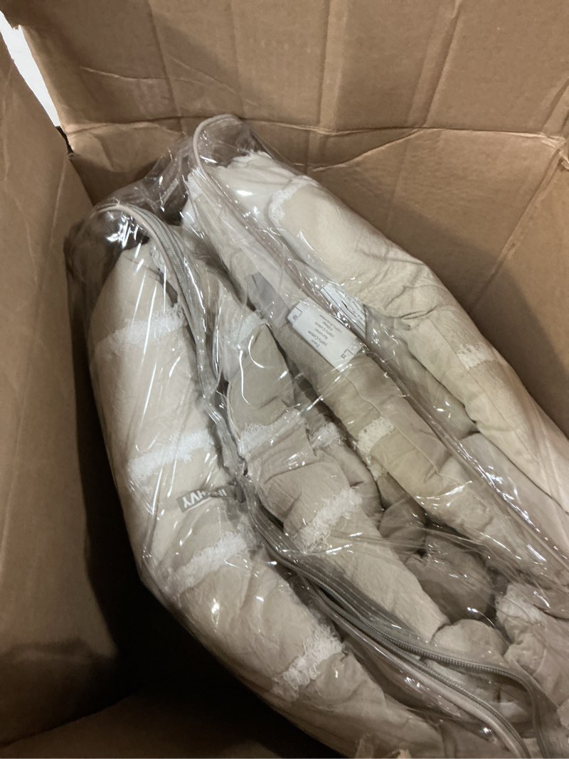 Condition photo showing As Is for ink+ivy queen comforter set boho comforters stripes, clipped jacquard, cotton comforter for queen size bed, all season poly fill lightweight queen bedding & shams, shay, full/queen, taupe 3 piece taupe full/queen comforter set