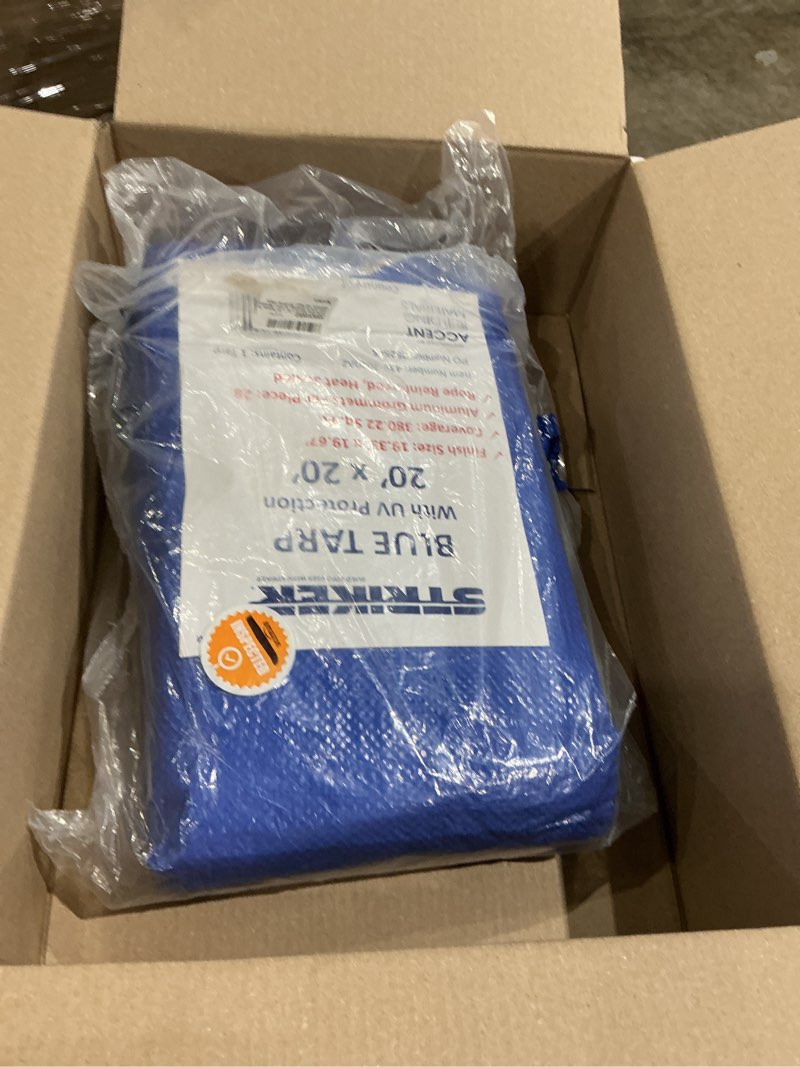 Condition photo showing Good Condition for striker blue tarp, waterproof, uv resistant, covers 766 sq. ft 20' x 40' | tarp waterporoof uv resistend with rust resistant grommets, rope-reinforced edges covers roofs pools trucks firewood camping blue 20 ' x 40'