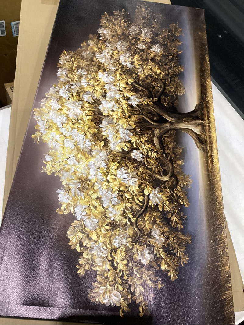 Condition photo showing As Is for dnieotu tree wall art for living room, white flower and gold leaves canvas wall-decor for bedroom, landscape picture prints for hallway office, size 40 x 20 inches tree-18 40"l x 20"w